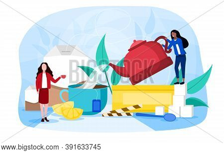 Abstract Concept Of Making Tea. With Sugar Lamps, Giant Mug, Teapot And Other Utensils, And Tiny You