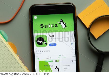 New York, Usa - 26 October 2020: Suica Mobile App Logo On Phone Screen Close Up, Illustrative Editor