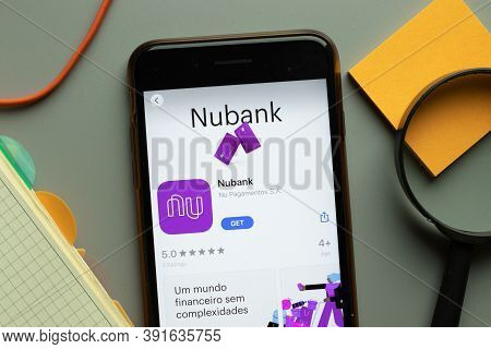 New York, Usa - 26 October 2020: Nubank Mobile App Logo On Phone Screen Close Up, Illustrative Edito