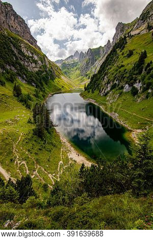 Beautiful View Of The Third Largest Mountain Lake He Canton Of Appenzell. Lake Fahlensee Is In A Ver