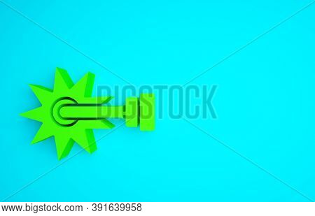 Green Cowboy Horse Riding Spur For Boot Icon Isolated On Blue Background. Minimalism Concept. 3d Ill