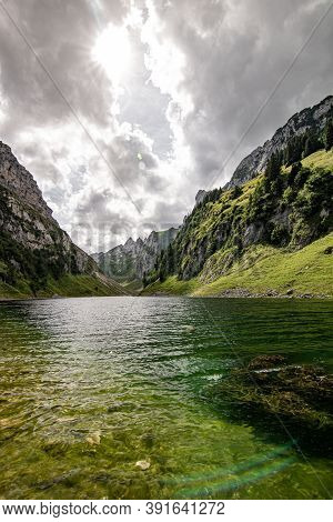 Beautiful View Of The Third Largest Mountain Lake He Canton Of Appenzell. Lake Fahlensee Is In A Ver