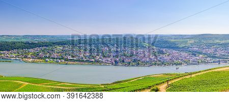 Aerial Panoramic View Of River Rhine Gorge Or Upper Middle Rhine Valley Winemaking Region With Viney