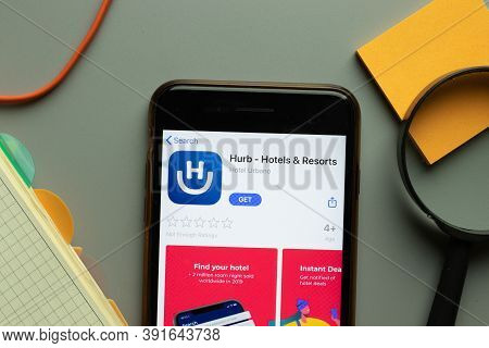 New York, Usa - 26 October 2020: Hurb Hotels Resorts Mobile App Logo On Phone Screen Close Up, Illus