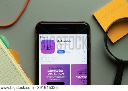 New York, Usa - 26 October 2020: Medita Mais Mobile App Logo On Phone Screen Close Up, Illustrative 