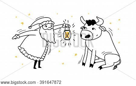 Doodle Santa And The Bull. Santa Claus Leans Forward With A Lantern In Hand And Looks At The Bull Th