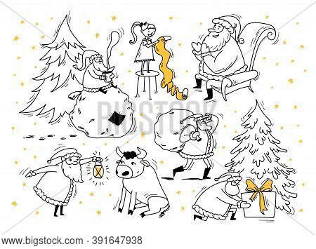 Santa Doodles. Christmas Doodle Stories Set Hand Drawn. Vector Stock Illustration Black Contour On W