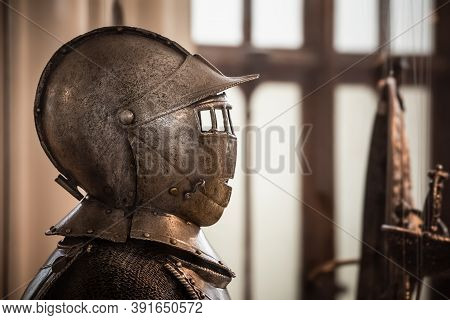 Plate Armour Medieval Armor, Armed Fighter Profile. Historical Type Of Personal Body Armour Made Fro