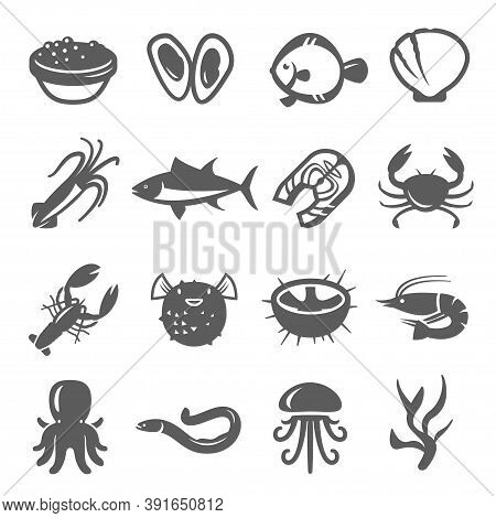 Seafood, Delicacy Bold Black Silhouette And Line Icons Set Isolated On White. Marine Animal, Fishes.