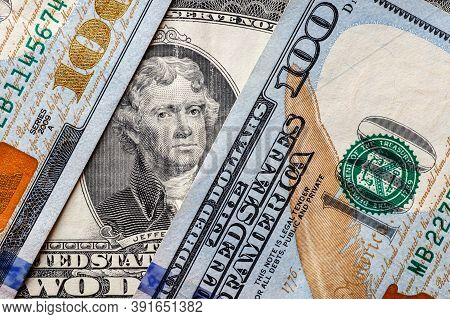 Money American Hundred Dollar Bills.closeup Of Assorted American Banknotes.us Currency Scattered On 