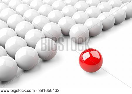 Single Red Ball Standing Out From The Crowd Of Shiny White Spheres, Leadership, Standing Out Or Brav