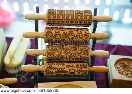 Wooden Carved Cookie Rolling Pin , Cooking Concept
