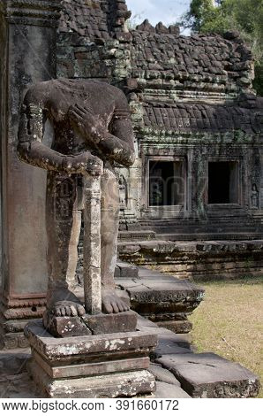 Headless Dvarapala Warrior Guardian Statue At Preah Khan Temple In Angkor Wat In Cambodia
