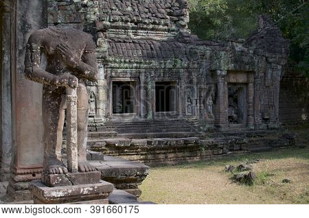 Headless Dvarapala Warrior Guardian Statue At Preah Khan Temple In Angkor Wat In Cambodia