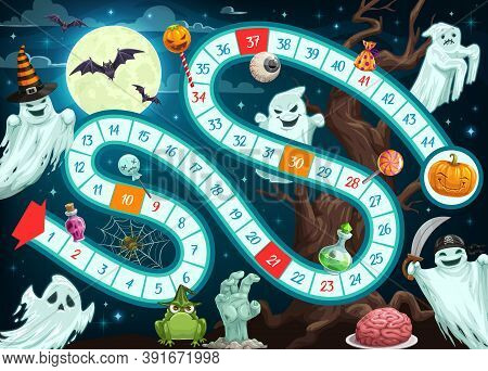 Halloween Board Game For Children Vector Template Of Map With Path, Start, Finish And Numbered Steps