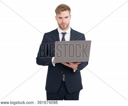 Committed To Work. Freelancer Work On Laptop Isolated On White. Freelance Worker. Freelance Programm