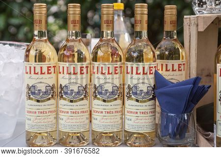 Belgrade, Serbia - July 12, 2019:   Lillet Bottles Standing On Summer Bar With Its Logo Lillet Is A 