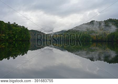 Autumn Landscape Reflections On Lake Santeetlah, North Carolina.