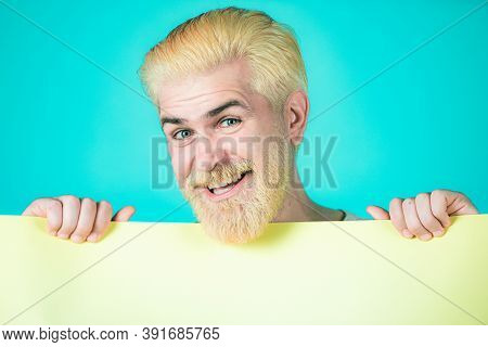 Man Holding Card, Man With Banner, Isolated Blue Background, Man Showing Empty Card