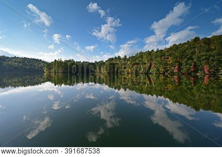 Autumn Landscape Reflections On Lake Santeetlah, North Carolina.