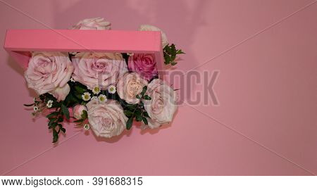 Postcard Template, Copy Speys- Pink Roses In A Basket On A Pink Background