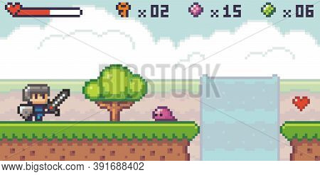 Pixel Art Style, Character In Game Arcade Play. Man With Sharp Sword And Shield Fighting Against Mon