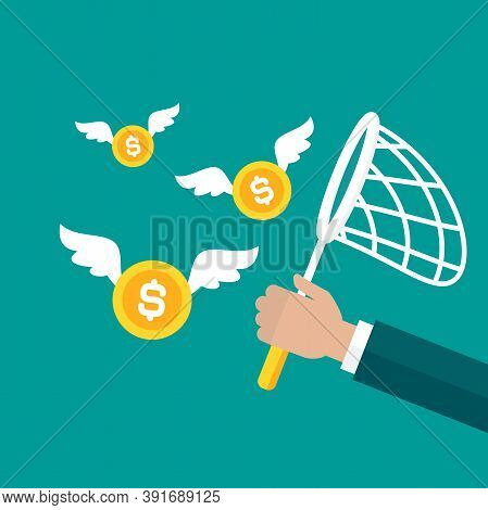 Butterfly Net And Golden Dollar Coins With Wings. Catch, Hunt, Chase Money Symbol.