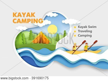 Paper Cut Tent On River Bank, Male Characters Paddling Using Oars In Kayak Boat. Vector Illustration