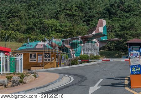 Hampyeong-gun, South Korea; September 27, 2020: Military Transport Aircraft Near Front Gate Of Milit