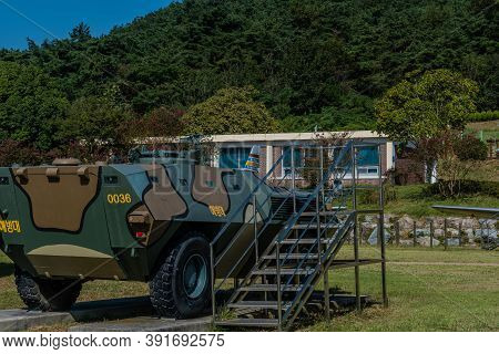 Hampyeong-gun, South Korea; September 27, 2020: Rear View Of Military Troop Transport Vehicle On Dis