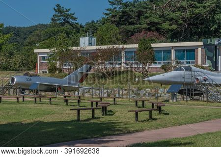 Hampyeong-gun, South Korea; September 27, 2020: Military Aircraft On Display At Military Theme Park 