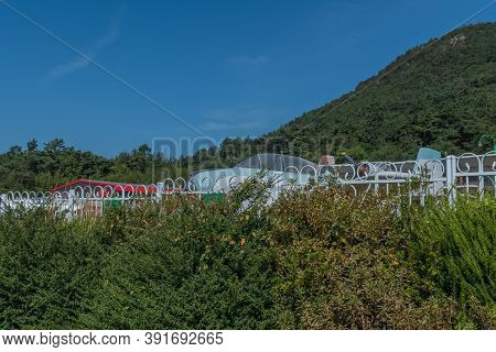 Hampyeong-gun, South Korea; September 27, 2020: Military Aircraft Parked Behind Fence At Military Th
