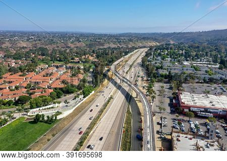 Aerial View Of Traffic Along The San Diego Freeway In California.