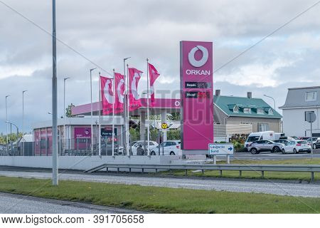 Reykjavik, Iceland - June 20, 2020: Price Board On Orkan Gas Station.