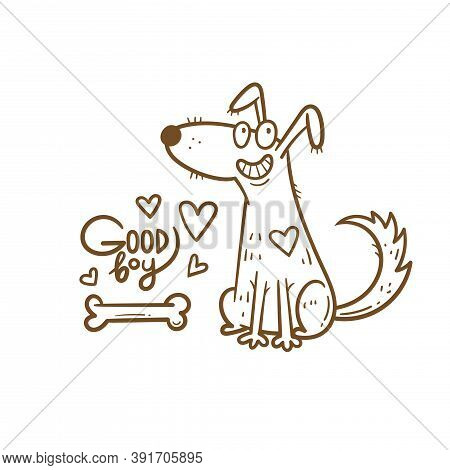 Card With Cute Cartoon Dog. Funny Puppy And Bone. Good Boy. Vector Print With Joyful Animal.