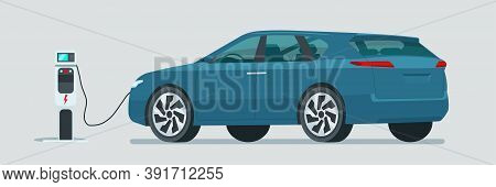 Modern Electric Cuv Car Is Charging Isolated. Vector Flat Style Illustration.