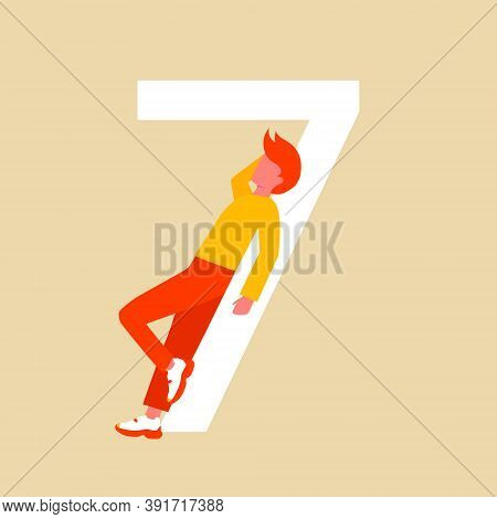 Number Seven. A Man Is Resting Under A Large Number. A Flat Cartoon Character With Numbers. Vector I