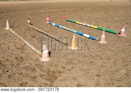 Accessories For Horse Trainings And Events In Rural Equestrian Training Centre. Image Of An Empty Tr