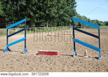 Accessories For Horse Trainings And Events In Rural Equestrian Training Centre. Image Of An Empty Tr