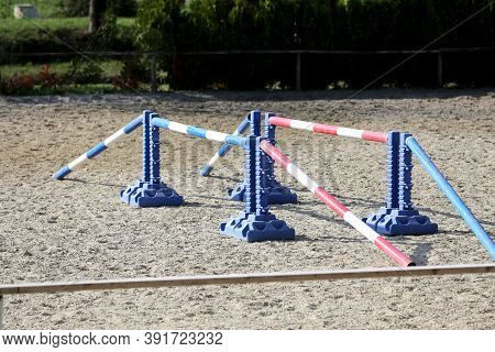 Accessories For Horse Trainings And Events In Rural Equestrian Training Centre. Image Of An Empty Tr