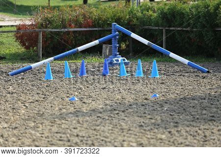 Accessories For Horse Trainings And Events In Rural Equestrian Training Centre. Image Of An Empty Tr