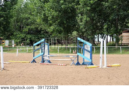 Accessories For Horse Trainings And Events In Rural Equestrian Training Centre. Image Of An Empty Tr
