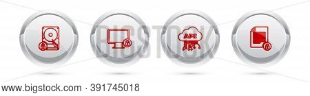 Set Line Hard Disk Drive And Lock, Lock On Monitor, Cloud Api Interface And Document. Silver Circle 
