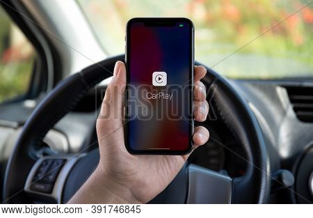 Alanya, Turkey - October 02, 2020: Woman Hands Holding Apple Iphone 11 With Carplay In The Screen Ph