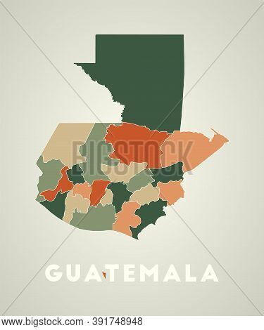 Guatemala Poster In Retro Style. Map Of The Country With Regions In Autumn Color Palette. Shape Of G