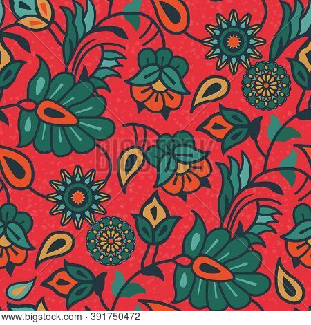 Indian National Paisley Ornament For Cotton, Linen Fabrics. Tribal Flowers Seamless Pattern.