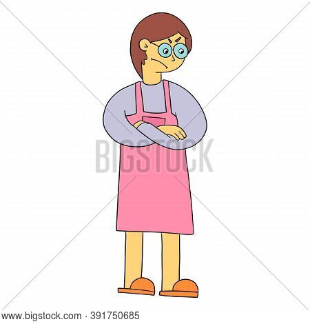 Girl With Glasses Expresses Dissatisfaction, Flat Banner. Woman In A Sundress Folded Her Arms On Her
