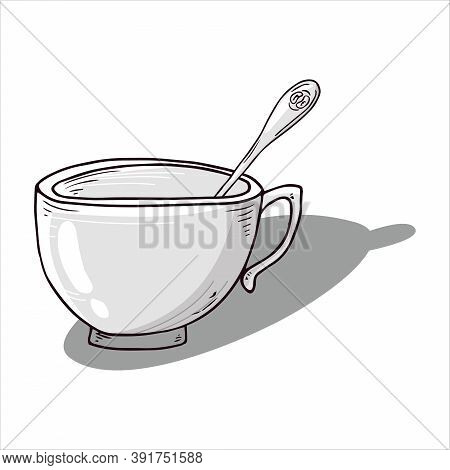 Cup With Spoon Icon. Vector Illustration Of A Coffee Cup With A Small Coffee Spoon. Hand Drawn Cup, 