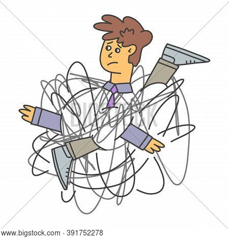 The Man Got Entangled In His Legs And Arms. Concept Of Human Life Without Meaning. Desire To Use All