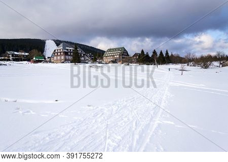 Piste With Unrecognizable People Skiing, Snow, Sunny Winter Day, Horni Mala Upa, Krkonose Mountains,
